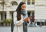 Travel, walking and woman with phone in city in street, road and sidewalk in for urban adventure in London. Social media, freedom and girl using mobile app, digital map and internet on smartphone