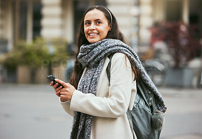 Buy stock photo Walking, phone and woman travel on city sidewalk, street road or on holiday adventure journey In London UK. Mobile smartphone, England and girl search gps location with digital app, compass or map