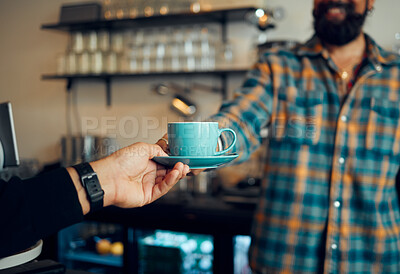 Buy stock photo Coffee, service and hands of people at a cafe for a drink, breakfast or lunch. Business, waiter and person giving an espresso order to a customer at a cafeteria while working at a restaurant