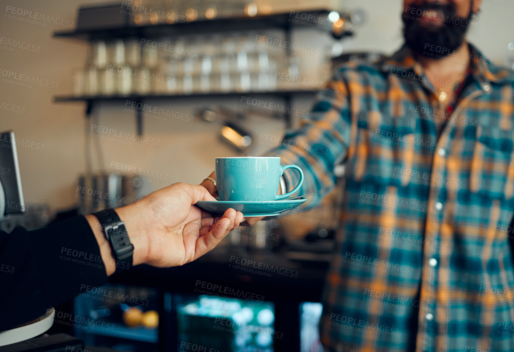 Buy stock photo Coffee, service and hands of people at a cafe for a drink, breakfast or lunch. Business, waiter and person giving an espresso order to a customer at a cafeteria while working at a restaurant