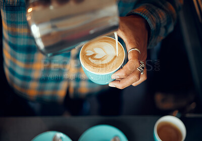 Buy stock photo Coffee, milk and hands of man in cafe for cappuccino, breakfast and caffeine beverage. Relax, espresso and dairy with barista in coffee shop with latte art for retail, mocha and drink preparation
