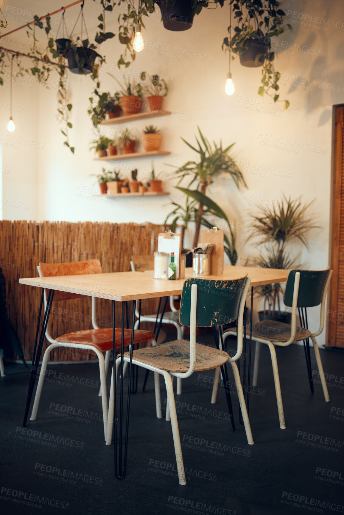 Buy stock photo Cafe, empty space or restaurant design interior with modern table, plant and chairs during the day. Luxury, open space or coffee shop with furniture for fine dinning, lunch or coffee break with decor