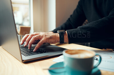 Buy stock photo Writing, laptop and hands in coffee shop for Phd research, online education and scholarship essay. Computer, internet cafe and person, customer or student study, typing or creative blog inspiration