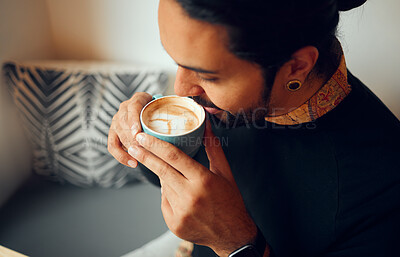 Buy stock photo Man, coffee and hands drinking or smelling aroma of caffeine, mocha or cappuccino relaxing at home. Happy male, person or guy holding a hot or warm beverage in calming relaxation at the house