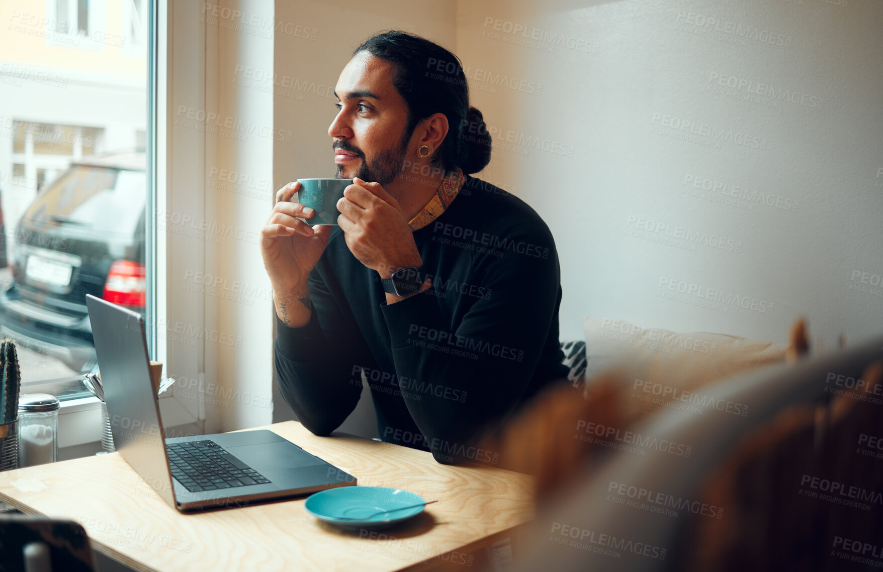 Buy stock photo Thinking, inspiration and man in coffee shop for remote work, creative writing and relax restaurant on laptop. Computer, internet cafe and thoughtful person or student for study ideas, drinking tea