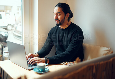 Buy stock photo Thinking startup cafe or man on laptop for social media KPI, networking or blog content review. Remote work, email or coffee shop employee with tech for network strategy, SEO research or internet app