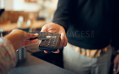 Buy stock photo Credit card payment, pos and customer hands, store cashier or restaurant waiter with easy point of sale machine. Shopping, b2c commerce service or woman with financial fintech purchase at retail cafe