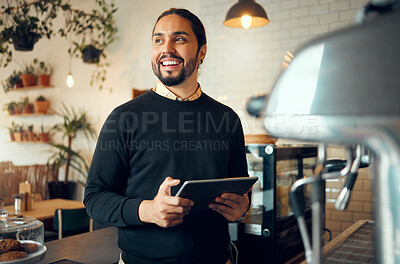 Buy stock photo Portrait, startup cafe manager man with tablet for social media, networking or restaurant content review. Smile, motivation or coffee shop employee with tech for social network, blog or mobile app