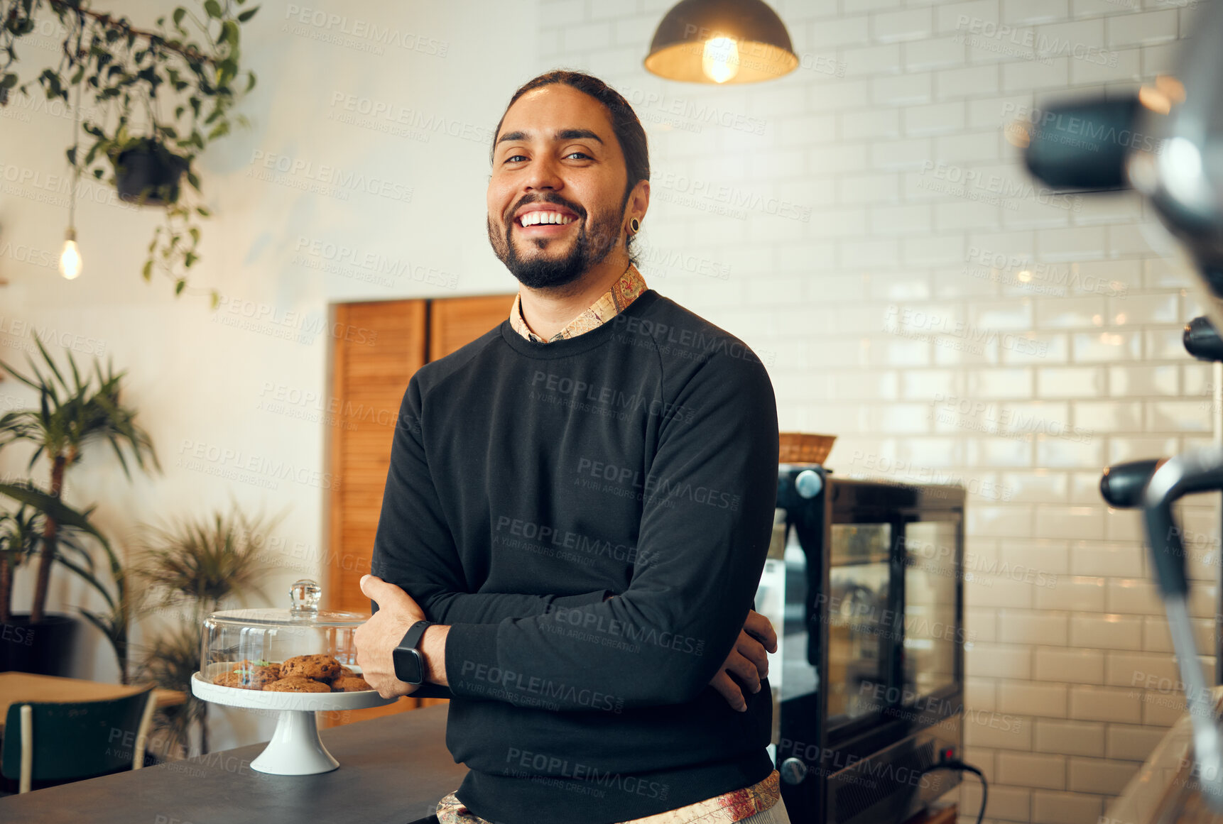 Buy stock photo Coffee shop owner, portrait and small business barista standing with proud smile from job. Restaurant, happy person and man with arms crossed ready for waiter work or staff management with happiness