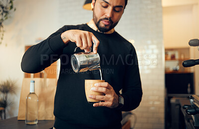 Buy stock photo Coffee, milk and latte of man in cafe for cappuccino, breakfast and caffeine beverage. Relax, espresso machine and dairy with barista in coffee shop service for retail, mocha and drink preparation
