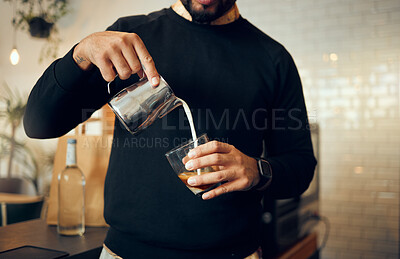 Buy stock photo Coffee, milk and hands of man in cafe for cappuccino, breakfast and caffeine beverage. Relax, espresso and dairy with barista in coffee shop and with latte for retail, mocha and drink preparation