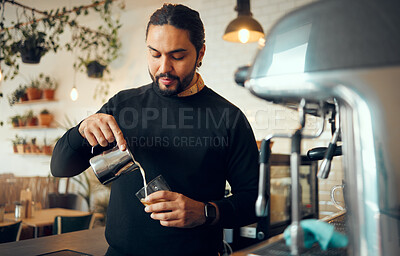 Buy stock photo Cafe, kitchen worker and coffee shop machine for coffee espresso in a restaurant. Waiter, milk foam and morning cream latte with a store manager working on hot drink order service as barista