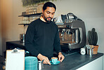 Barista, coffee and man with espresso in cafe thinking or planning ideas for cafe, warm beverage or business decision. Waiter, working and small business restaurant or with coffee machine in store