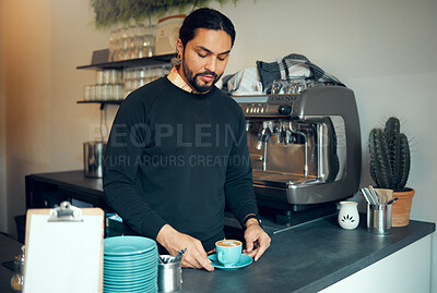 Buy stock photo Barista, coffee and man with espresso in cafe thinking or planning ideas for cafe, warm beverage or business decision. Waiter, working and small business restaurant or with coffee machine in store