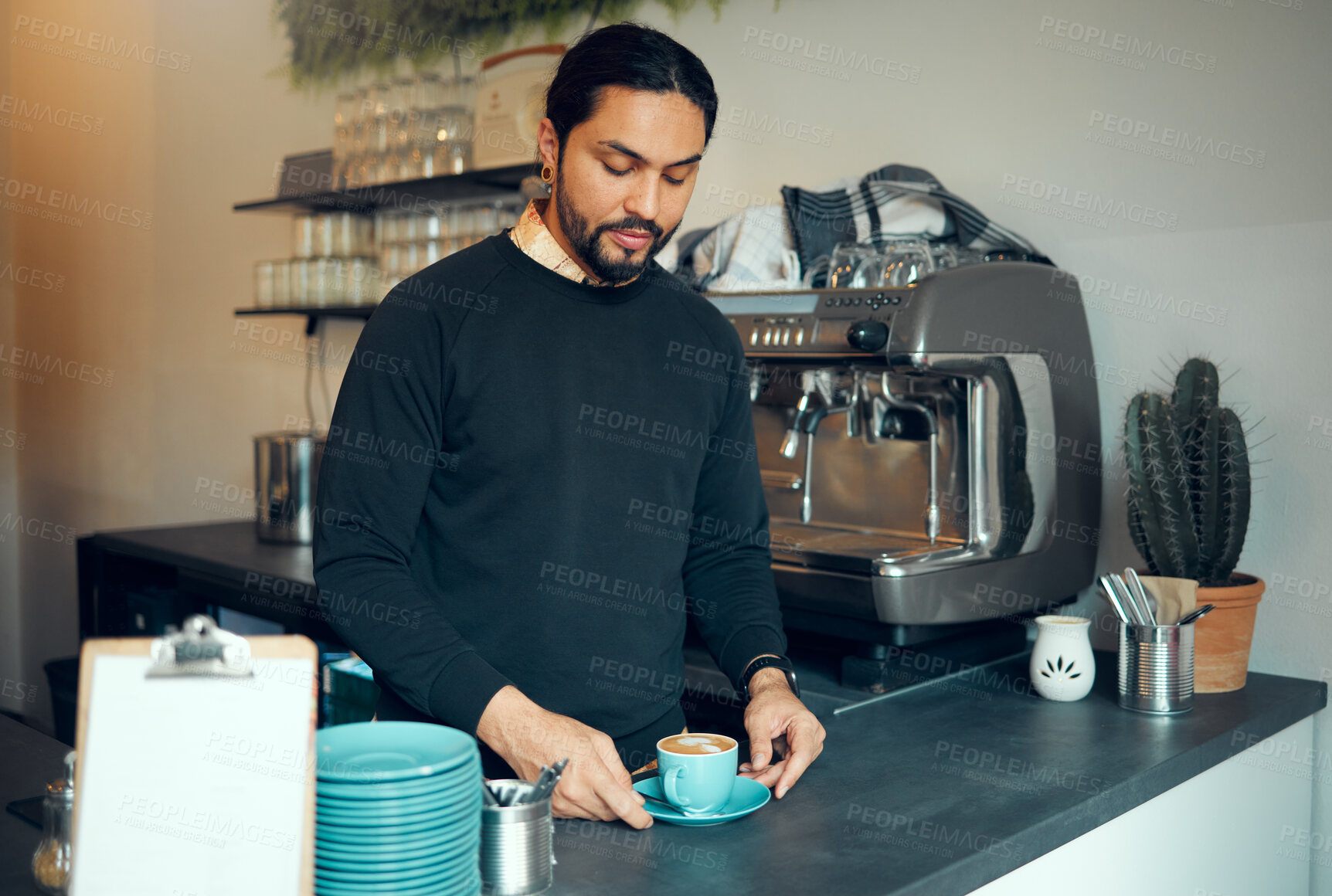 Buy stock photo Barista, coffee and man with espresso in cafe thinking or planning ideas for cafe, warm beverage or business decision. Waiter, working and small business restaurant or with coffee machine in store