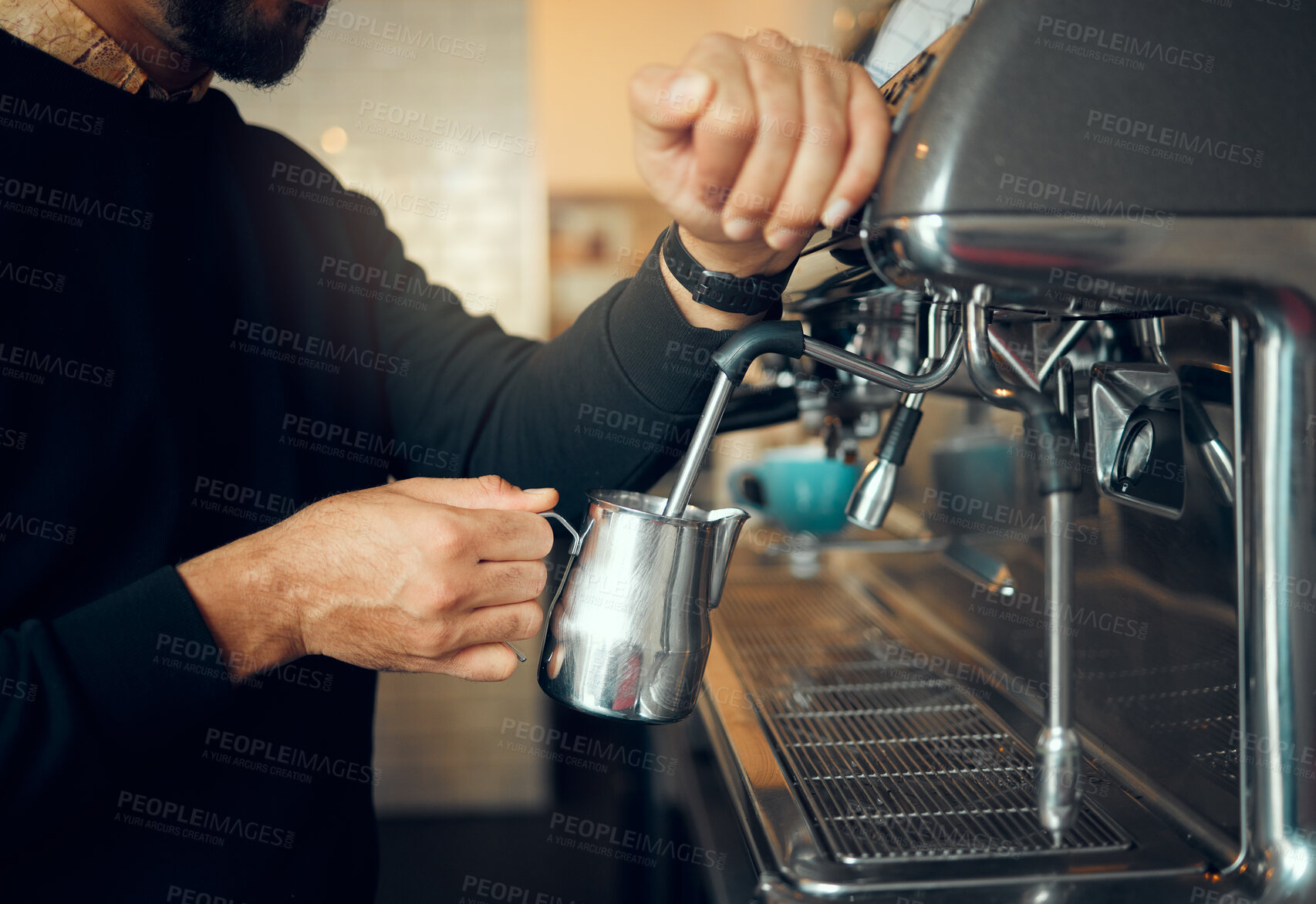 Buy stock photo Hands, man and barista brewing at coffee shop using machine for hot beverage, caffeine or steam. Hand of employee male steaming milk in metal jug for premium grade drink or self service at cafe