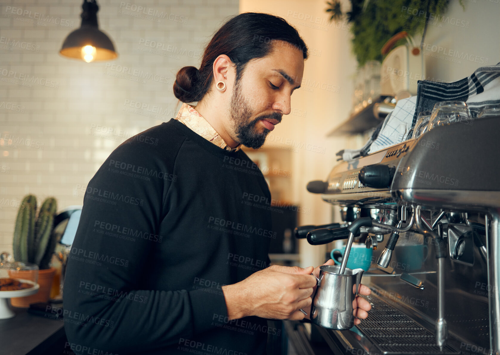 Buy stock photo Coffee shop, cafe barista and kitchen machine work for morning espresso in a restaurant. Waiter, milk foam and breakfast latte of a person from Brazil working on drink order service as store manager