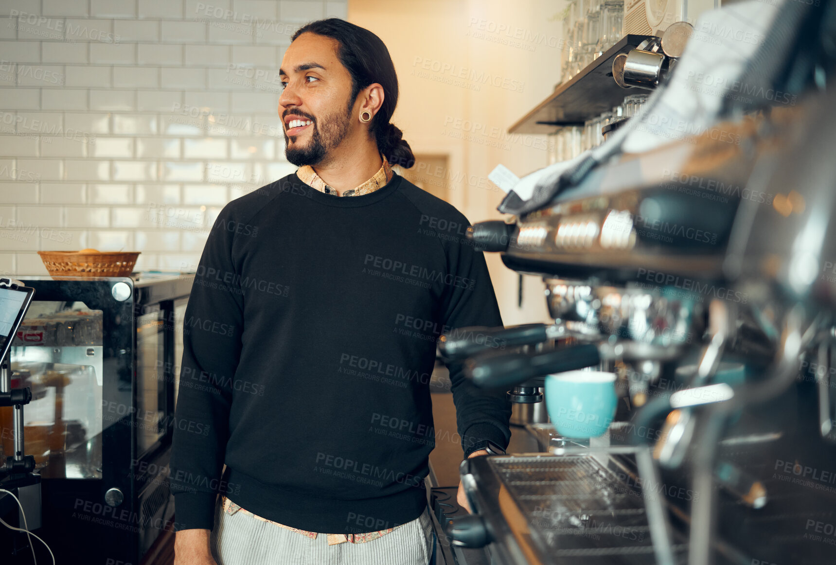 Buy stock photo Coffee shop, thinking and manager man of small business with optimistic and happy smile. Professional cafe business owner and entrepreneur guy thoughtful at coffee machine in Brazil.


