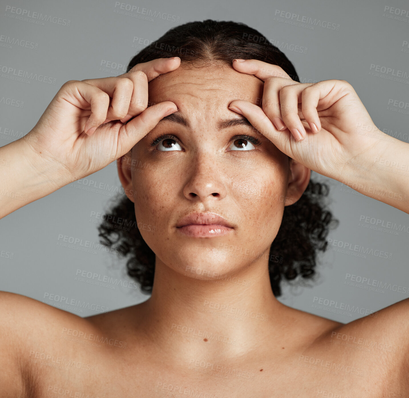 Buy stock photo Face wrinkles, beauty health and anxiety of black woman with wellness facial, botox help and prp. Selfcare, woman face and dermatology of a model with plastic surgery aesthetic skin problem check