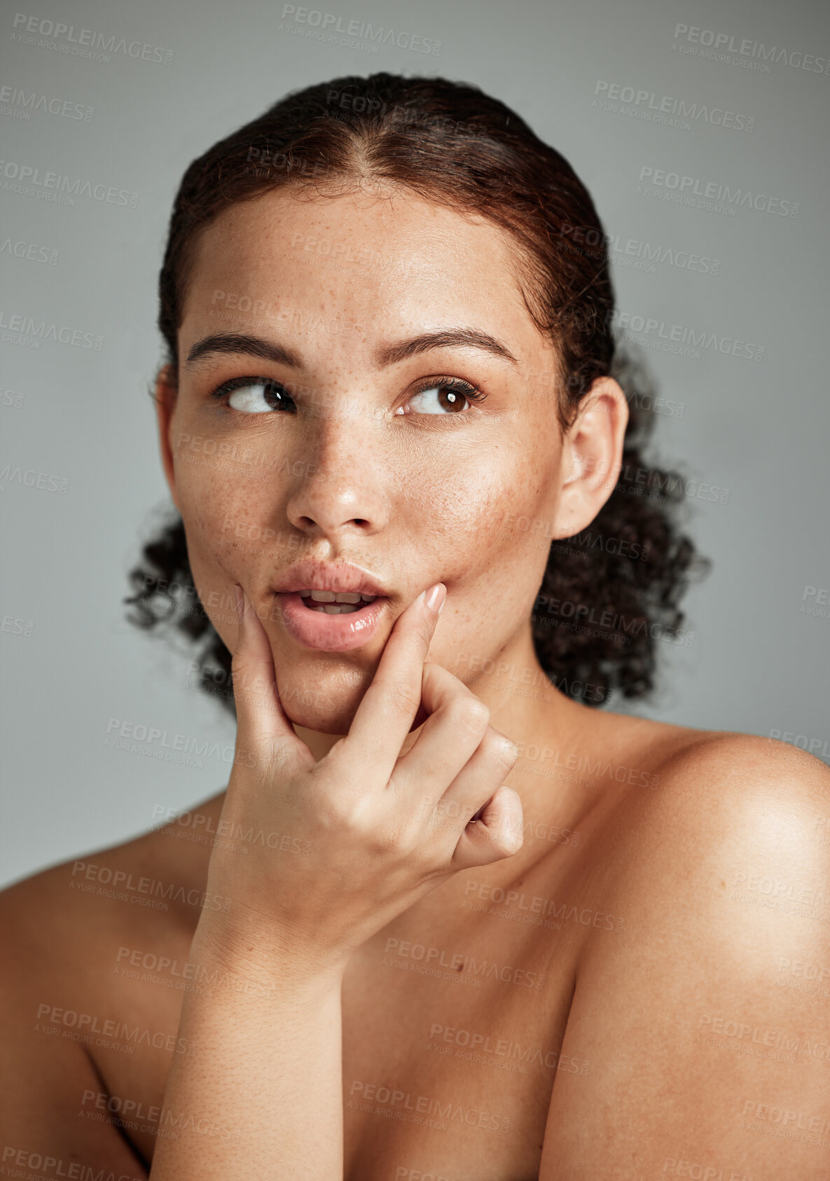Buy stock photo Skincare, black woman and face of a beauty model with healthy skin and facial wellness. Gray background, studio and isolated person after cosmetic dermatology detox feeling relax and calm from spa