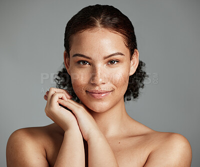 Buy stock photo Health, natural and black woman skincare portrait for beauty cosmetic and glow treatment campaign. Healthy body care of model happy with beautiful freckles on face in gray studio background.

