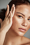 Skin, beauty and black woman portrait with skincare glow from spa treatment and makeup. Model, hand and face of a person relax after dermatology detox in a studio with gray background feeling healthy