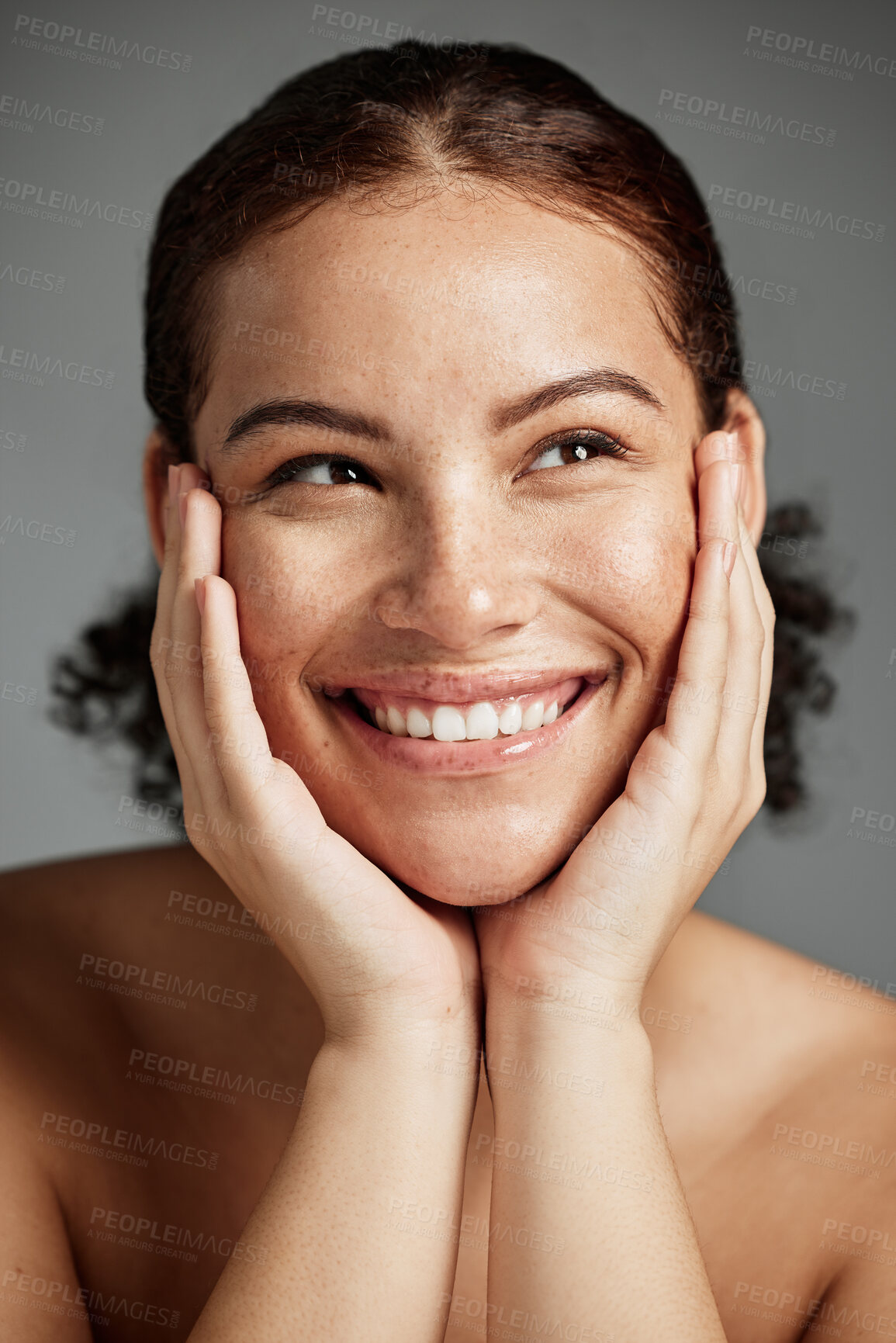 Buy stock photo Skincare beauty, face and woman in studio isolated on a gray background. Makeup cosmetics, thinking and happy female model satisfied with spa facial treatment for healthy, glowing and flawless skin.