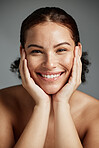 Portrait, beauty and skincare with a model black woman in studio on a gray background for face treatment. Facial, wellness and natural with an attractive young female posing to promote a skin product