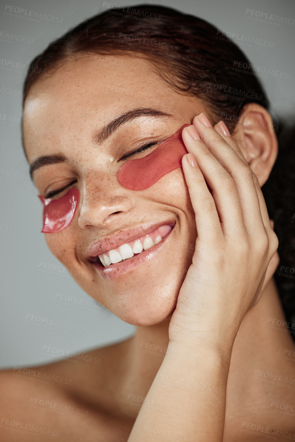 Buy stock photo Black woman, eyes patch and facial beauty wellness, cosmetics dermatology and closed eye or skincare treatment happiness. African model, smile and glowing skin or spa facial mask product in studio