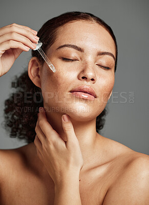 Buy stock photo Beauty, skincare and serum with face of woman for facial, product or self care with morning routine. Luxury, health and wellness with girl model and cosmetics for collagen, vitamin c or essential oil