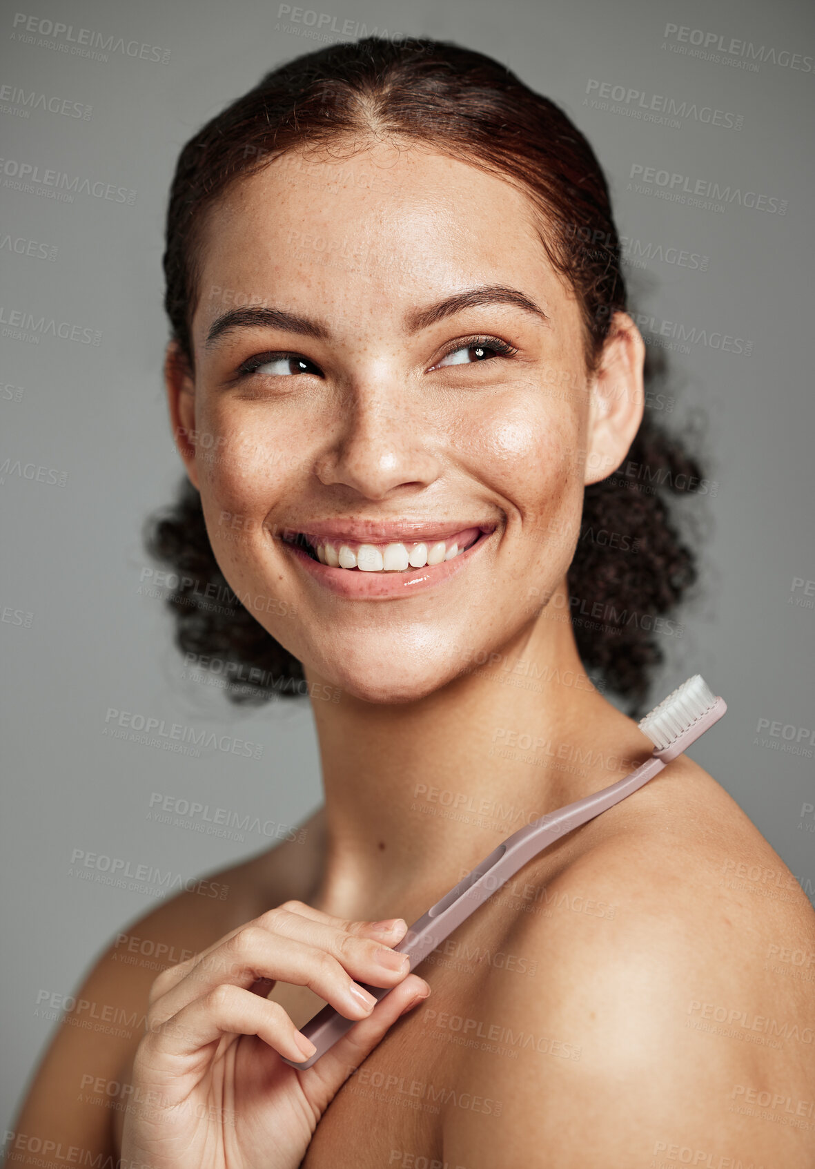 Buy stock photo Toothbrush, woman brushing teeth and dental wellness with hygiene, cleaning and teeth whitening. Face of a happy female with a smile for oral health, healthy mouth and self care on studio background