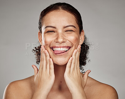 Buy stock photo Woman, skincare and beauty portrait of a model smile from facial and spa treatment in studio. Brown background, isolated and wellness of a person face with happy skin glow from dermatology detox 