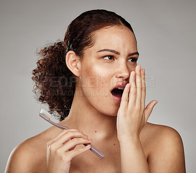 Buy stock photo Toothbrush, woman and bad breath with dental problem while smelling odor of mouth, teeth or gums in hand. Face of a female in studio for oral health, brushing teeth and self care on grey background