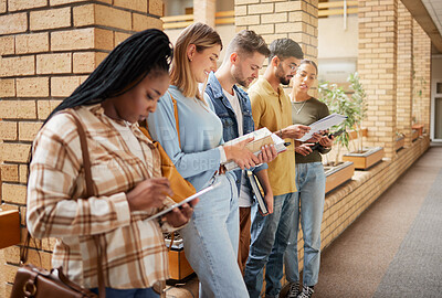 Buy stock photo University, lobby and diversity, group of students standing in row together with books and tablet before class. Friends, education and future, studying in college corridor for exam at business school