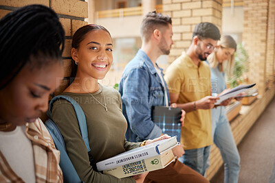 Buy stock photo University, hallway and portrait of woman and students standing in row together with books at business school. Friends, education and future, happy woman in study group on campus in lobby for exam.
