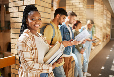 Buy stock photo University, hallway and portrait of black woman and students standing in row together with books before class. Friends, education and future learning, girl in study group on campus in lobby for exam.