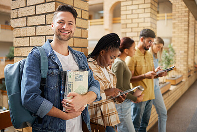 Buy stock photo University, hallway and portrait of man and students standing in row together with books and tablet before class. Friends, education and future, happy man in study group on campus in lobby for exam.