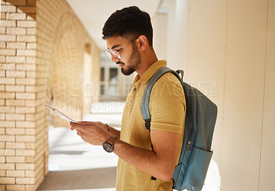 Buy stock photo University, tablet and campus student typing internet, web or website search for college, digital research or study project. Education profile, school learning and man review online knowledge report