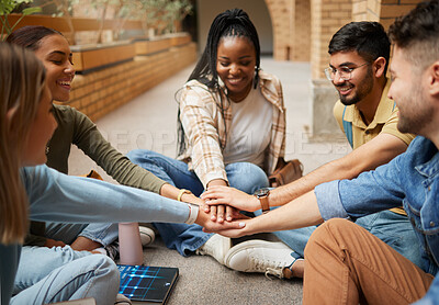Buy stock photo Teamwork, hands and collaboration of students in university for unity or motivation. Support, solidarity and group of people or friends huddle for education goals, learning targets or team building.
