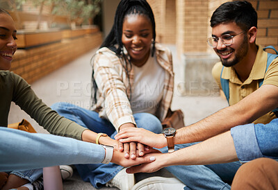 Buy stock photo Hands, group and teamwork of students in university for collaboration, unity or motivation. Support, solidarity and people or friends huddle for education goals, learning targets or team building.