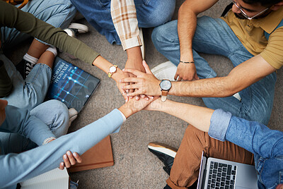 Buy stock photo Teamwork, hands and group of students in university for collaboration, unity or motivation. Support, solidarity and people or friends huddle for education goals, learning targets or success mindset.
