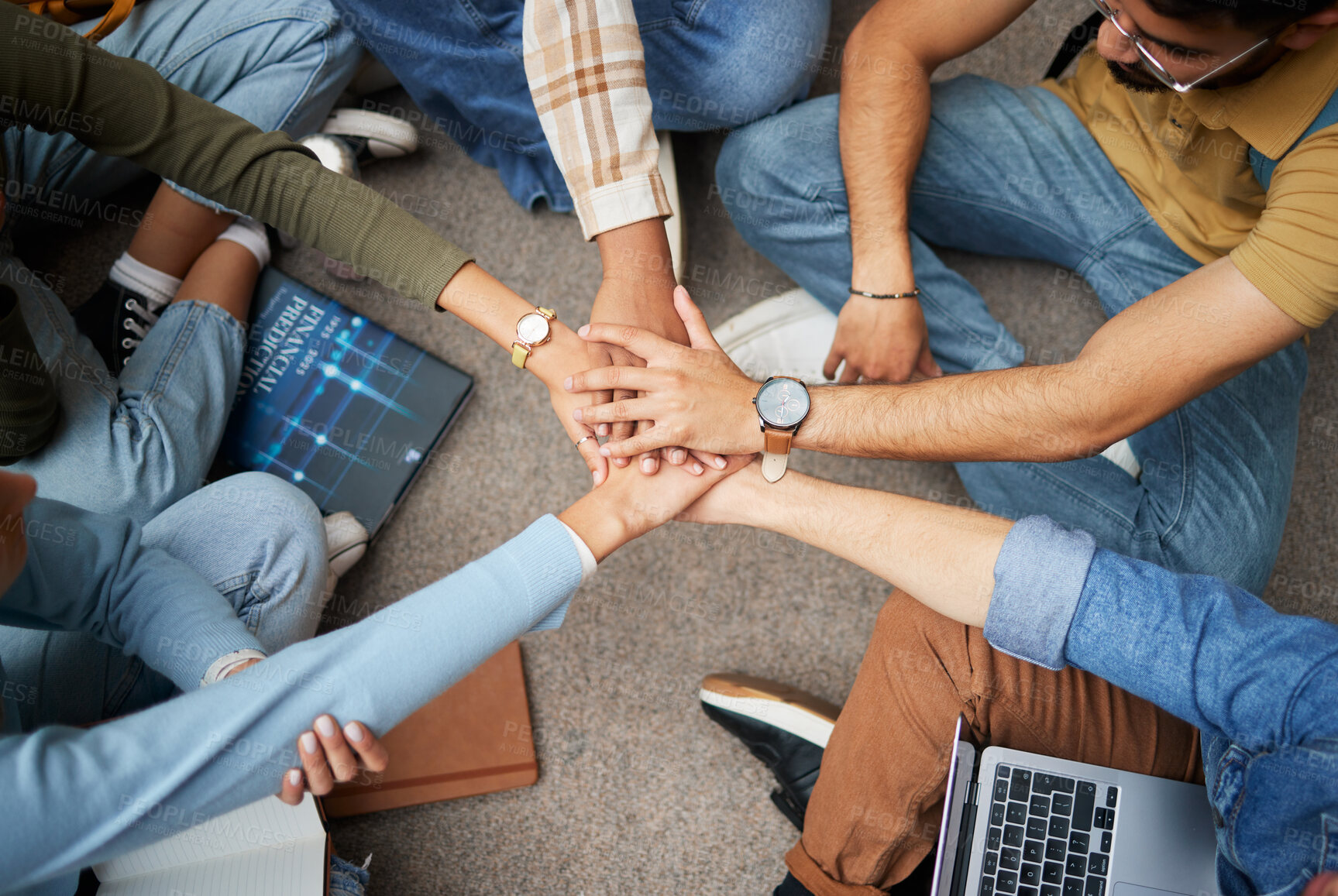 Buy stock photo Teamwork, hands and group of students in university for collaboration, unity or motivation. Support, solidarity and people or friends huddle for education goals, learning targets or success mindset.