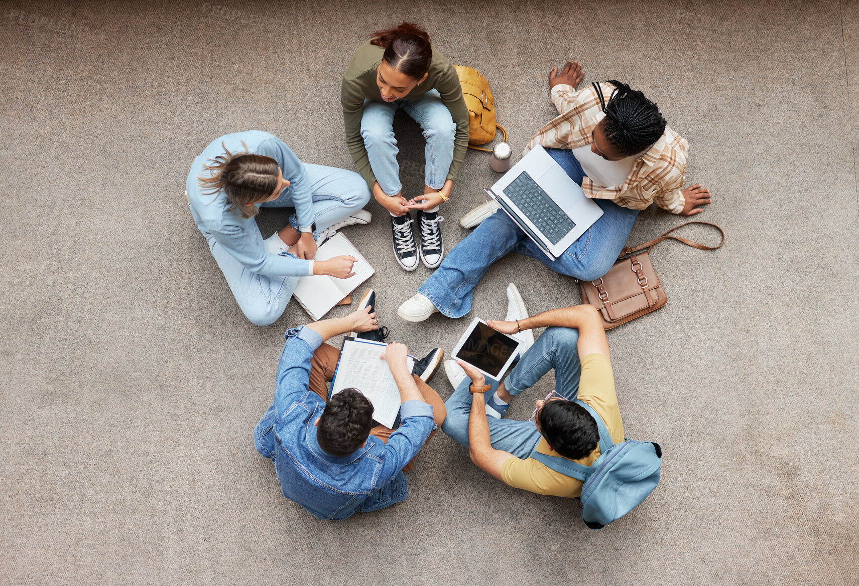 Buy stock photo Study, laptop and group of students on floor in project, research or planning, brainstorming and teamwork. Notebook, education and top of university student, friends or people collaboration in school