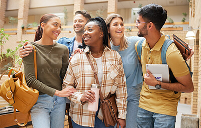 Buy stock photo Students, people and group of friends in university getting ready for learning. Scholarship, education and happy men and women together at school, campus or college bonding, talking or conversation.