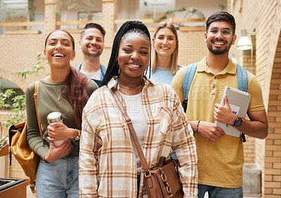Buy stock photo Group portrait, students and friends at university getting ready for learning. Education, scholarship or happy people standing together at school, campus or college bonding and preparing for studying