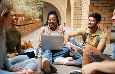 Buy stock photo Diversity, laptop and students on ground, conversation and connection for study session, brainstorming and group project. Academics, young people or friends sitting, talking and collaboration outdoor