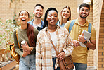 University students, group and portrait of friends getting ready for learning. Scholarship, education or happy people standing together at school, campus or college bonding and preparing for studying