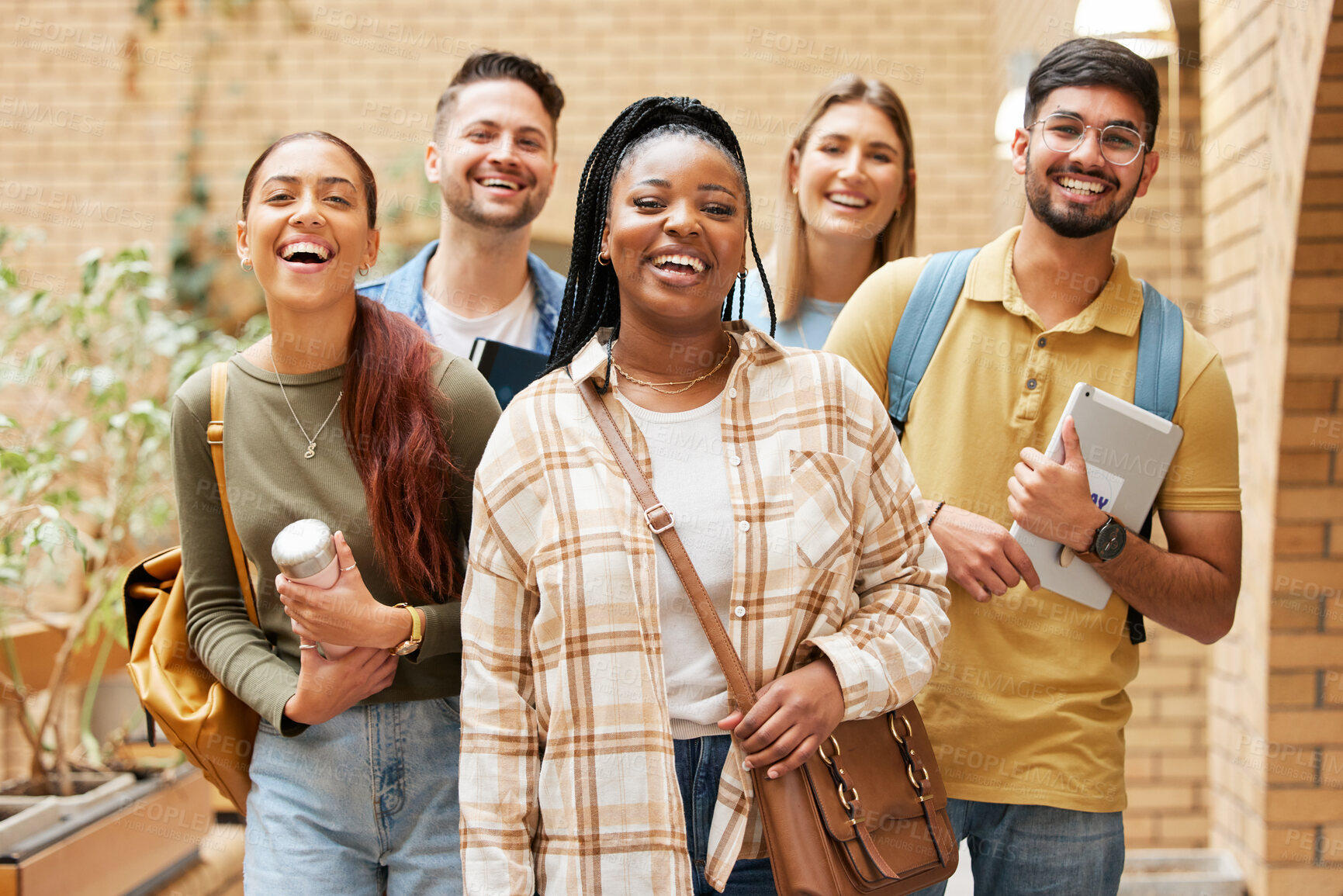 Buy stock photo University students, group and portrait of friends getting ready for learning. Scholarship, education or happy people standing together at school, campus or college bonding and preparing for studying