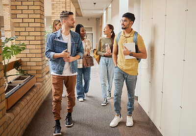 Buy stock photo School, education and university students, people or group walking to class in campus community and studying.  Diversity friends, learning and talking of project or happy college and social lifestyle