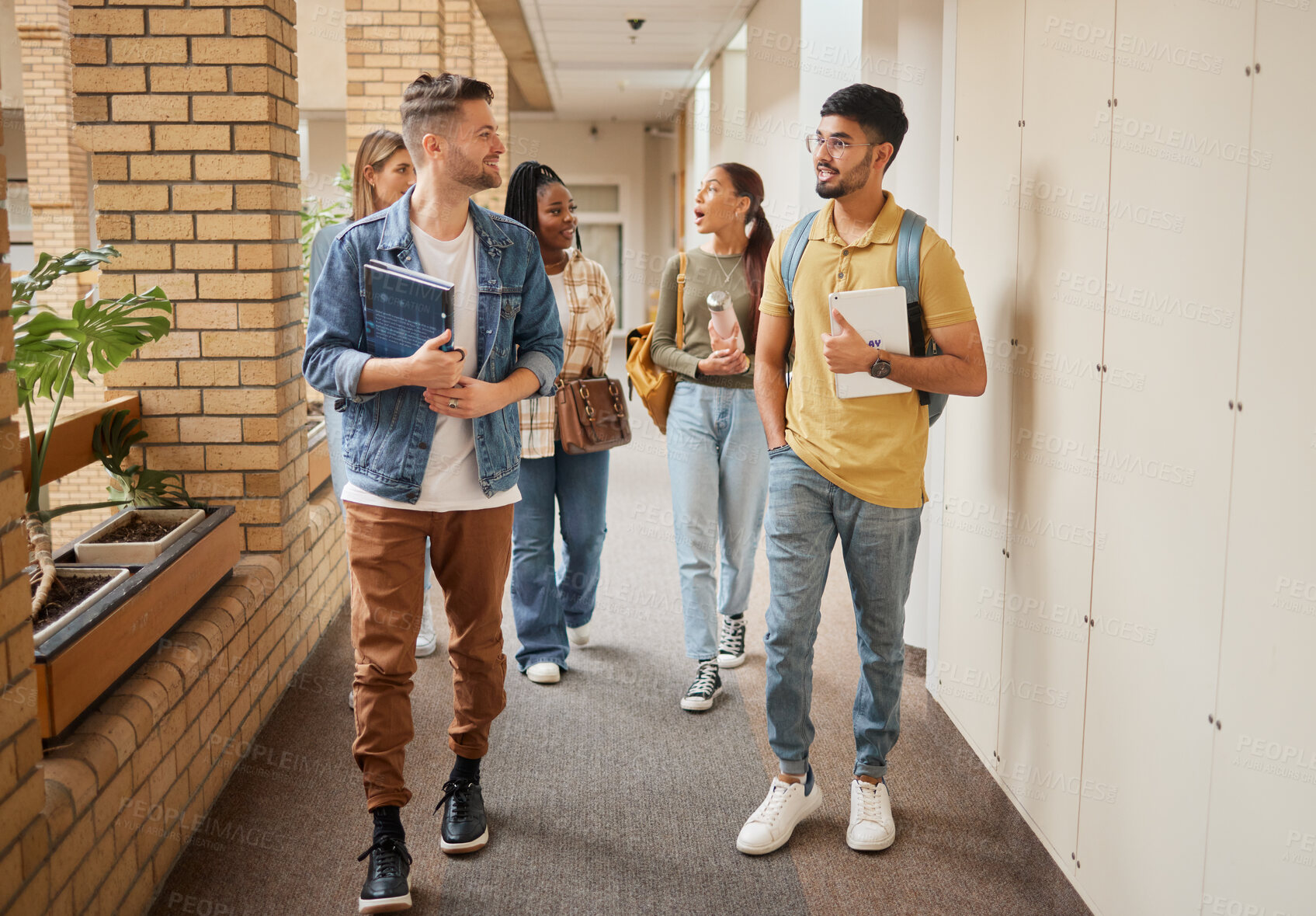 Buy stock photo School, education and university students, people or group walking to class in campus community and studying.  Diversity friends, learning and talking of project or happy college and social lifestyle